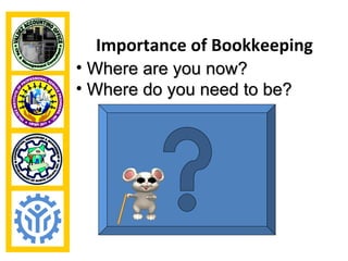 Importance of Bookkeeping
• Where are you now?
• Where do you need to be?
 