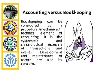 Accounting versus Bookkeeping
Bookkeeping can be
considered     as      a
procedural/mechanical/
technical element of
accounting. It is the
systematic         and
chronological recording
of transactions and
events.    Development
and maintenance of
record are also its
concern.
 