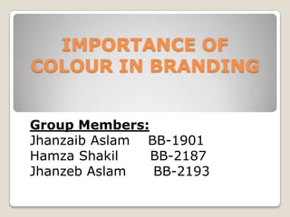 IMPORTANCE OF
COLOUR IN BRANDING


Group Members:
Jhanzaib Aslam BB-1901
Hamza Shakil   BB-2187
Jhanzeb Aslam   BB-2193
 