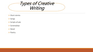 Types of Creative
Writing
 Short stories
 Songs
 Scripts of ads
 Screenplays
 Novel
 Poetry
 