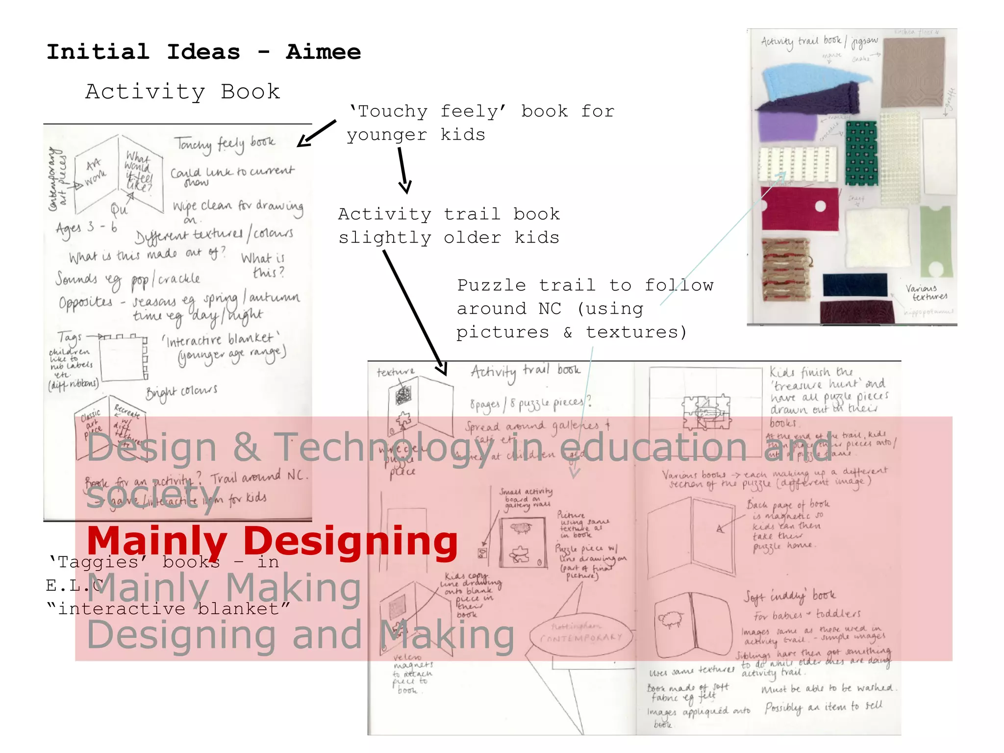 Initial Ideas - Aimee Activity Book ‘ Touchy feely’ book for younger kids ‘ Taggies’ books – in E.L.C  “ interactive blanket” Activity trail book slightly older kids Puzzle trail to follow around NC (using pictures & textures) Design & Technology in education and society  Mainly Designing   Mainly Making Designing and Making 