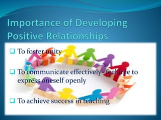 To foster unity
 To communicate effectively- feel free to
express oneself openly
 To achieve success in teaching
 