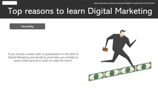 Top reasons to learn Digital Marketing
Versatility
If you choose a career path or specialization in the field of
Digital M...