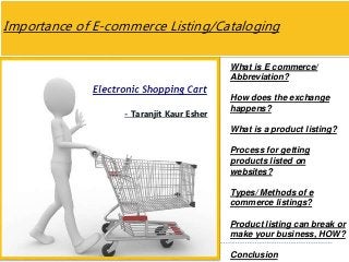 Importance of E-commerce Listing/Cataloging
- Taranjit Kaur Esher
What is E commerce/
Abbreviation?
How does the exchange
happens?
What is a product listing?
Process for getting
products listed on
websites?
Types/ Methods of e
commerce listings?
Product listing can break or
make your business, HOW?
Conclusion
 