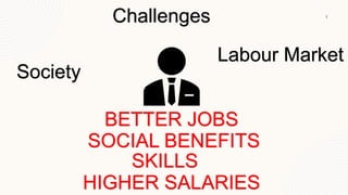 1
Challenges
Society
Labour Market
SKILLS
SOCIAL BENEFITS
HIGHER SALARIES
BETTER JOBS
 
