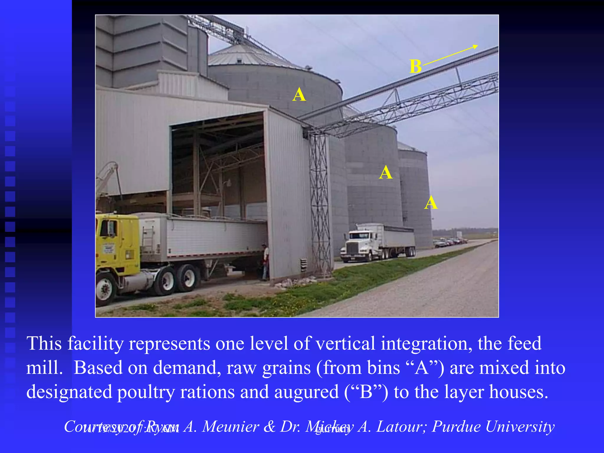 A
A
A
This facility represents one level of vertical integration, the feed
mill. Based on demand, raw grains (from bins “A”) are mixed into
designated poultry rations and augured (“B”) to the layer houses.
B
Courtesy of Ryan A. Meunier & Dr. Mickey A. Latour; Purdue University11/19/2020 7:17 AM gurram
 