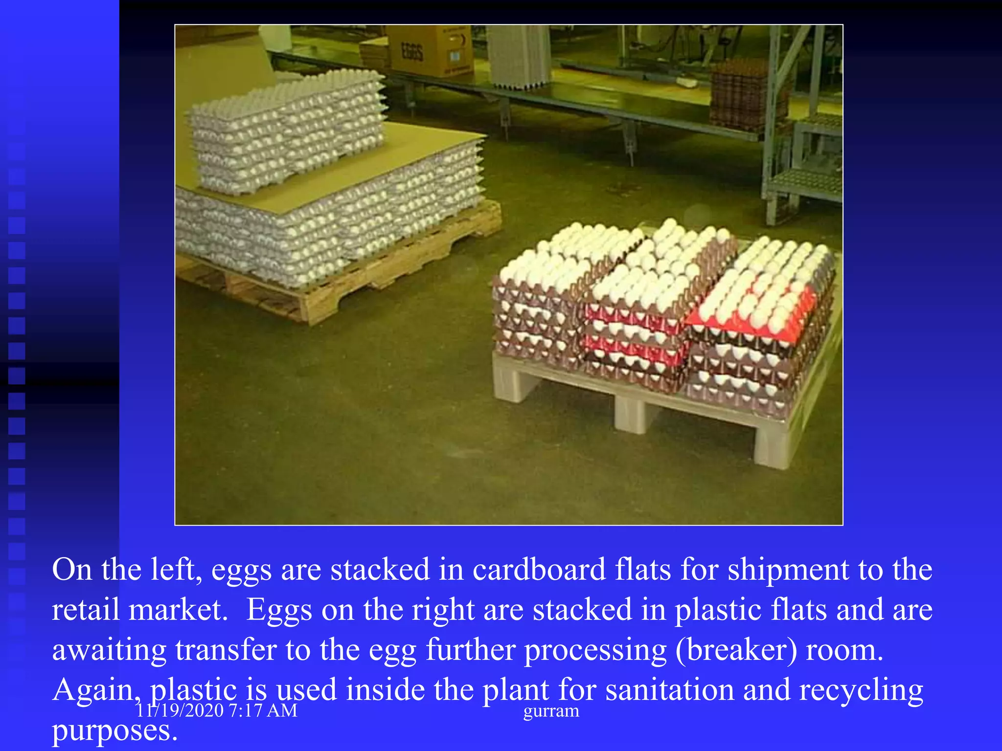 On the left, eggs are stacked in cardboard flats for shipment to the
retail market. Eggs on the right are stacked in plastic flats and are
awaiting transfer to the egg further processing (breaker) room.
Again, plastic is used inside the plant for sanitation and recycling
purposes.
11/19/2020 7:17 AM gurram
 