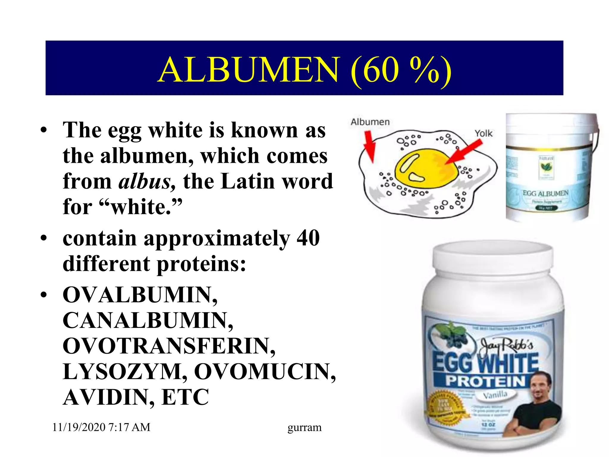 ALBUMEN (60 %)
• The egg white is known as
the albumen, which comes
from albus, the Latin word
for “white.”
• contain approximately 40
different proteins:
• OVALBUMIN,
CANALBUMIN,
OVOTRANSFERIN,
LYSOZYM, OVOMUCIN,
AVIDIN, ETC
11/19/2020 7:17 AM gurram
 