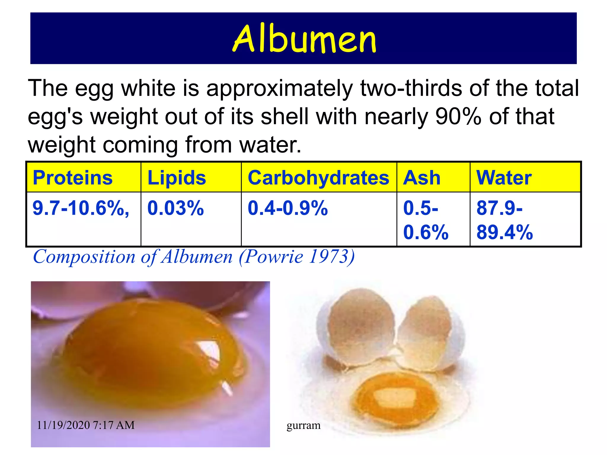 Albumen
Proteins Lipids Carbohydrates Ash Water
9.7-10.6%, 0.03% 0.4-0.9% 0.5-
0.6%
87.9-
89.4%
Composition of Albumen (Powrie 1973)
The egg white is approximately two-thirds of the total
egg's weight out of its shell with nearly 90% of that
weight coming from water.
11/19/2020 7:17 AM gurram
 