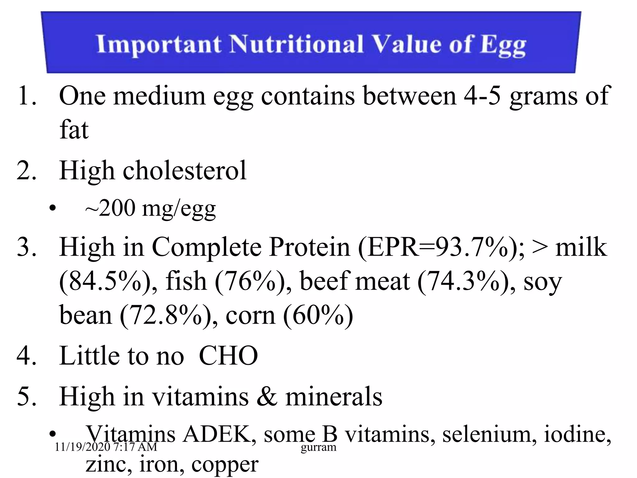 1. One medium egg contains between 4-5 grams of
fat
2. High cholesterol
• ~200 mg/egg
3. High in Complete Protein (EPR=93.7%); > milk
(84.5%), fish (76%), beef meat (74.3%), soy
bean (72.8%), corn (60%)
4. Little to no CHO
5. High in vitamins & minerals
• Vitamins ADEK, some B vitamins, selenium, iodine,
zinc, iron, copper
11/19/2020 7:17 AM gurram
 
