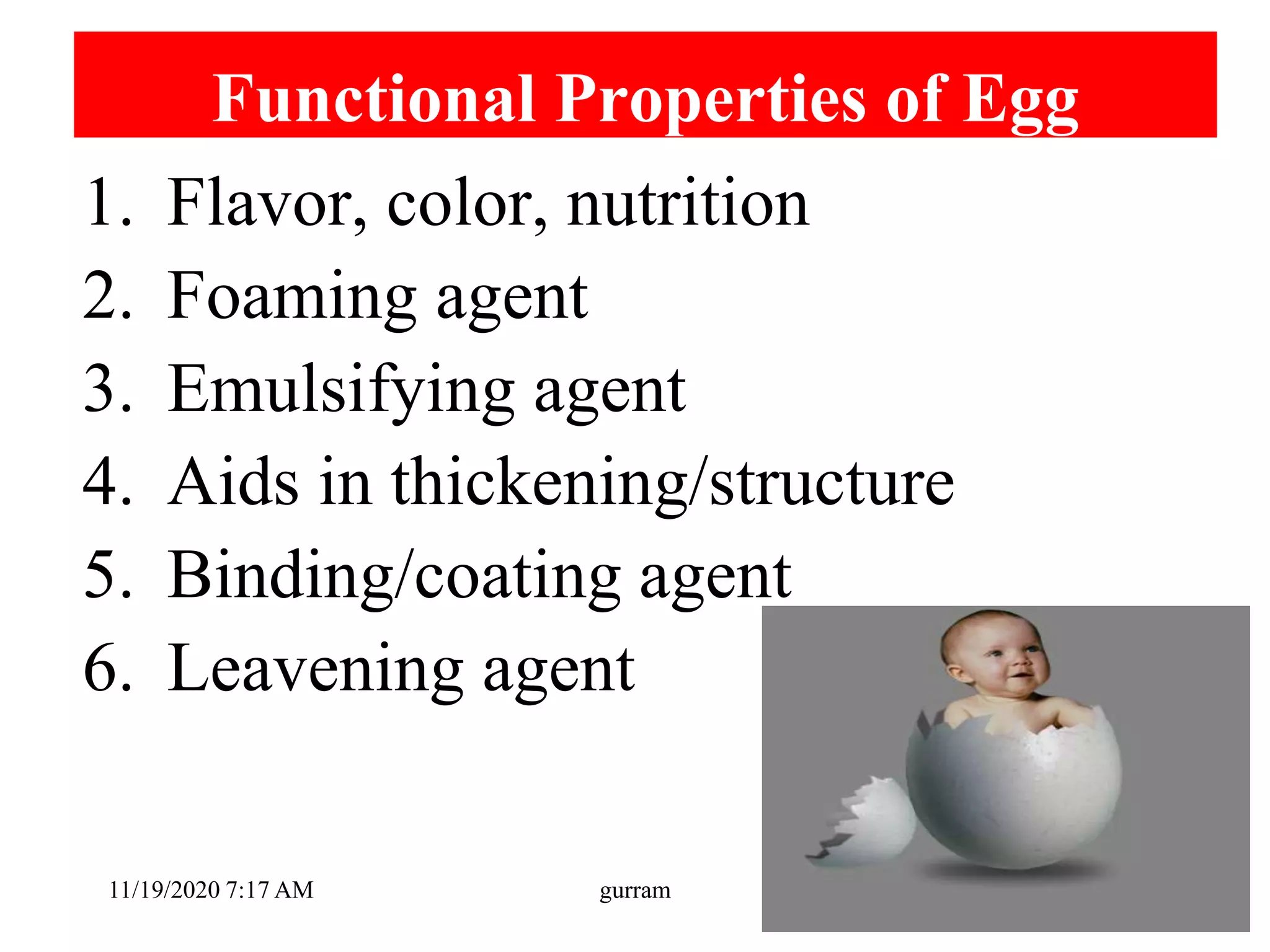 Functional Properties of Egg
1. Flavor, color, nutrition
2. Foaming agent
3. Emulsifying agent
4. Aids in thickening/structure
5. Binding/coating agent
6. Leavening agent
11/19/2020 7:17 AM gurram
 