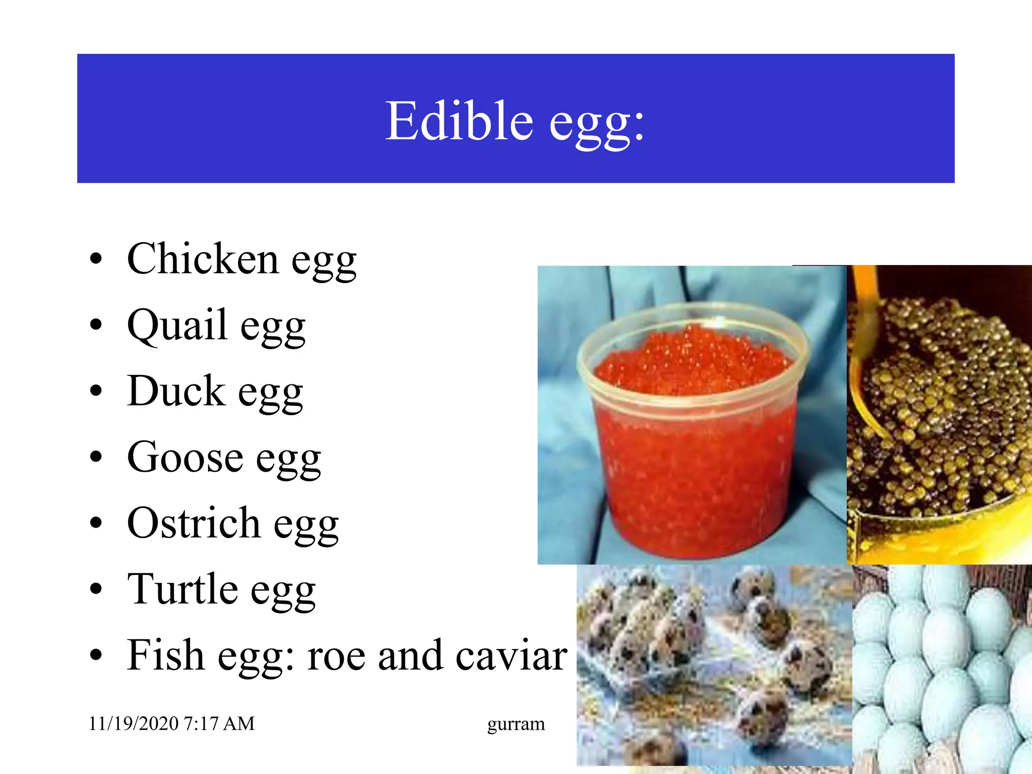 Edible egg:
• Chicken egg
• Quail egg
• Duck egg
• Goose egg
• Ostrich egg
• Turtle egg
• Fish egg: roe and caviar
11/19/2020 7:17 AM gurram
 