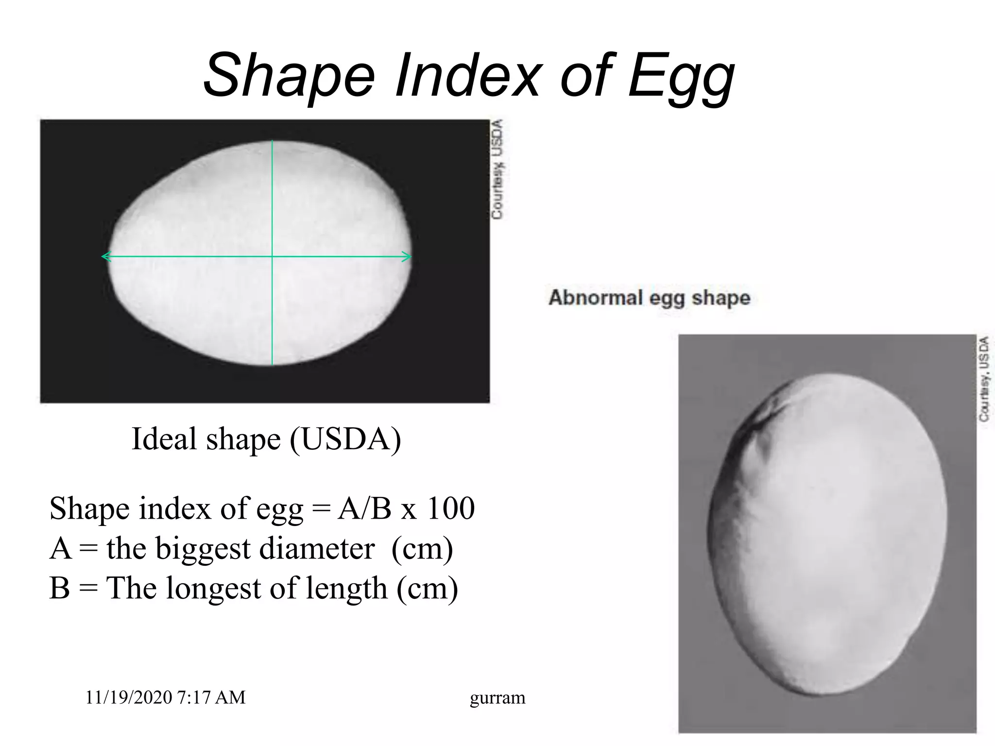 Shape Index of Egg
Ideal shape (USDA)
Shape index of egg = A/B x 100
A = the biggest diameter (cm)
B = The longest of length (cm)
11/19/2020 7:17 AM gurram
 