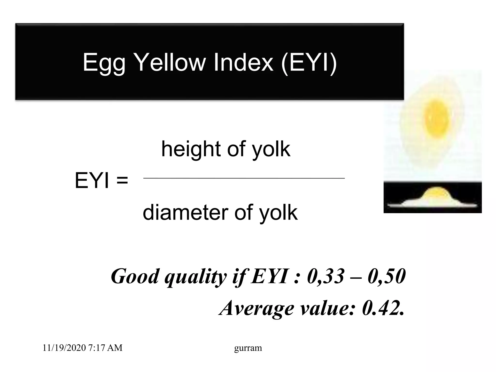 Egg Yellow Index (EYI)
height of yolk
EYI =
diameter of yolk
Good quality if EYI : 0,33 – 0,50
Average value: 0.42.
11/19/2020 7:17 AM gurram
 