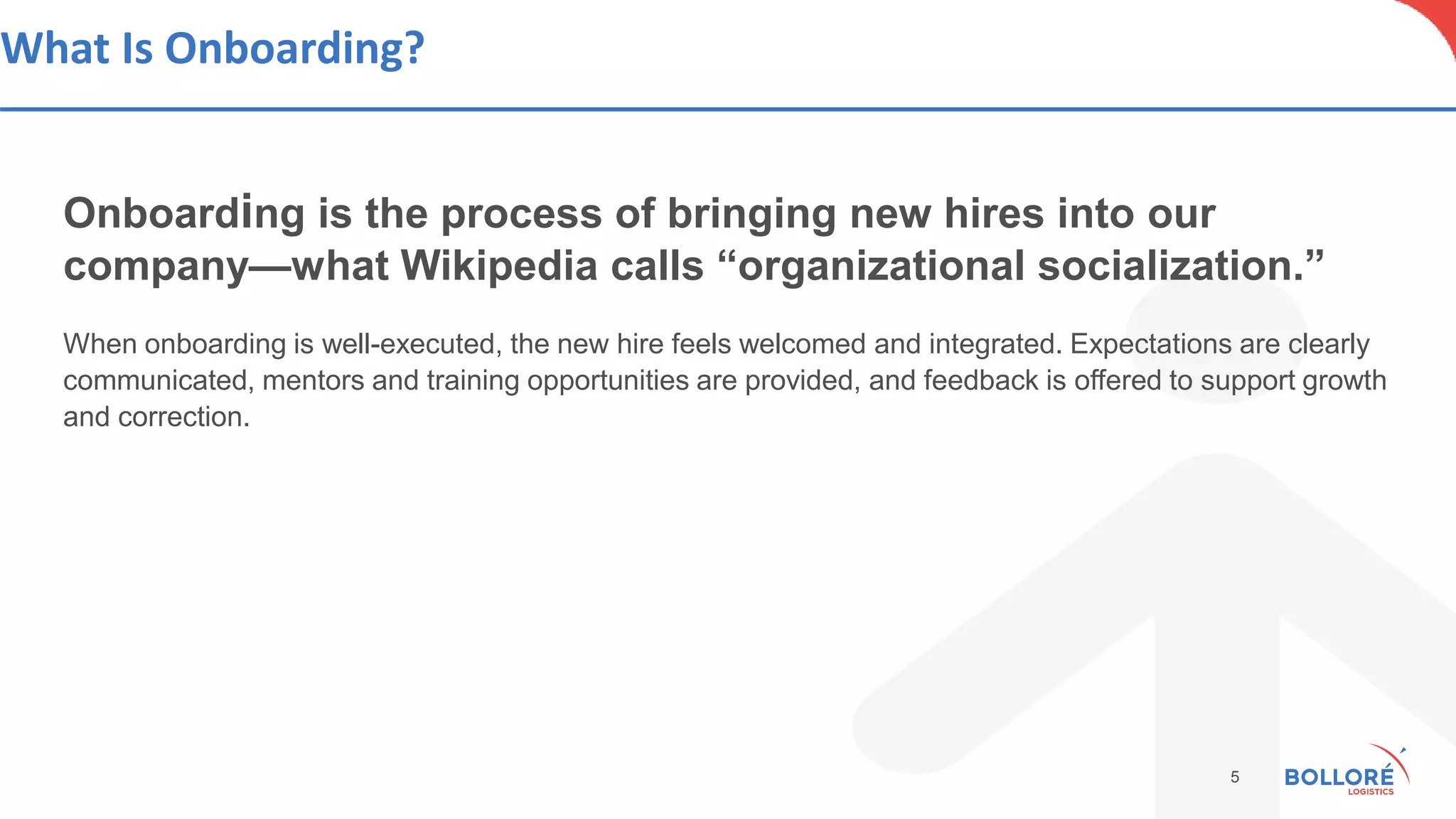 What Is Onboarding?
Onboarding is the process of bringing new hires into our
company—what Wikipedia calls “organizational socialization.”
When onboarding is well-executed, the new hire feels welcomed and integrated. Expectations are clearly
communicated, mentors and training opportunities are provided, and feedback is offered to support growth
and correction.
5
 