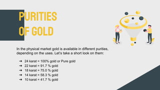 Purities
ofgold
In the physical market gold is available in different purities,
depending on the uses. Let’s take a short ...