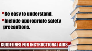 GUIDELINES FOR INSTRUCTIONAL AIDS
•Be easy to understand.
•Include appropriate safety
precautions.
 