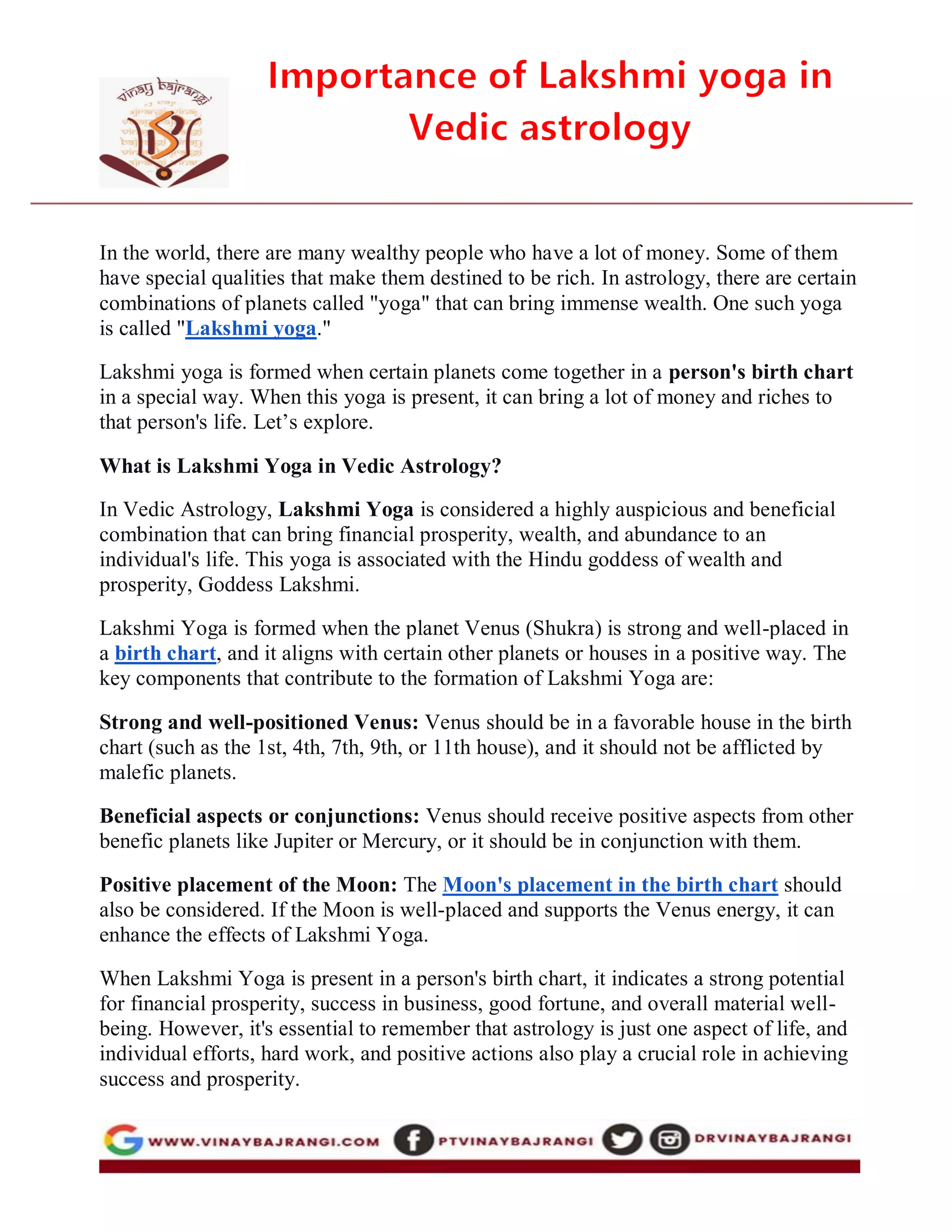 Importance of Lakshmi yoga in Vedic astrology | PDF