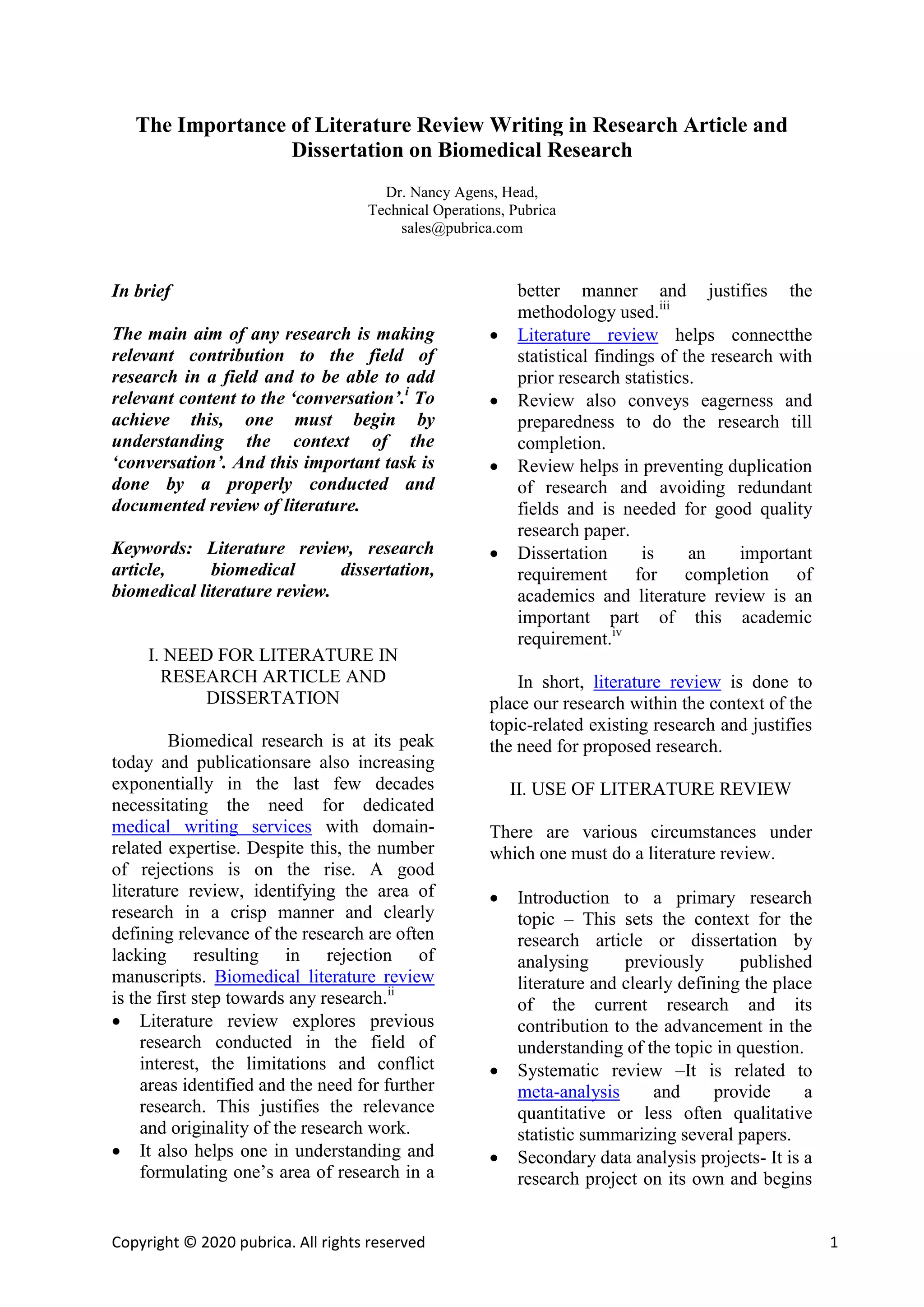 Importance of literature review writing in research article - pubrica | PDF