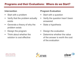 Programs and their Evaluations: Where do we Start? 
Intervention 
 Start with a problem 
 Verify that the problem actual...