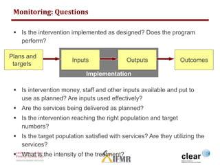 Monitoring: Questions 
 Is the intervention implemented as designed? Does the program 
perform? 
Inputs Outputs Outcomes ...