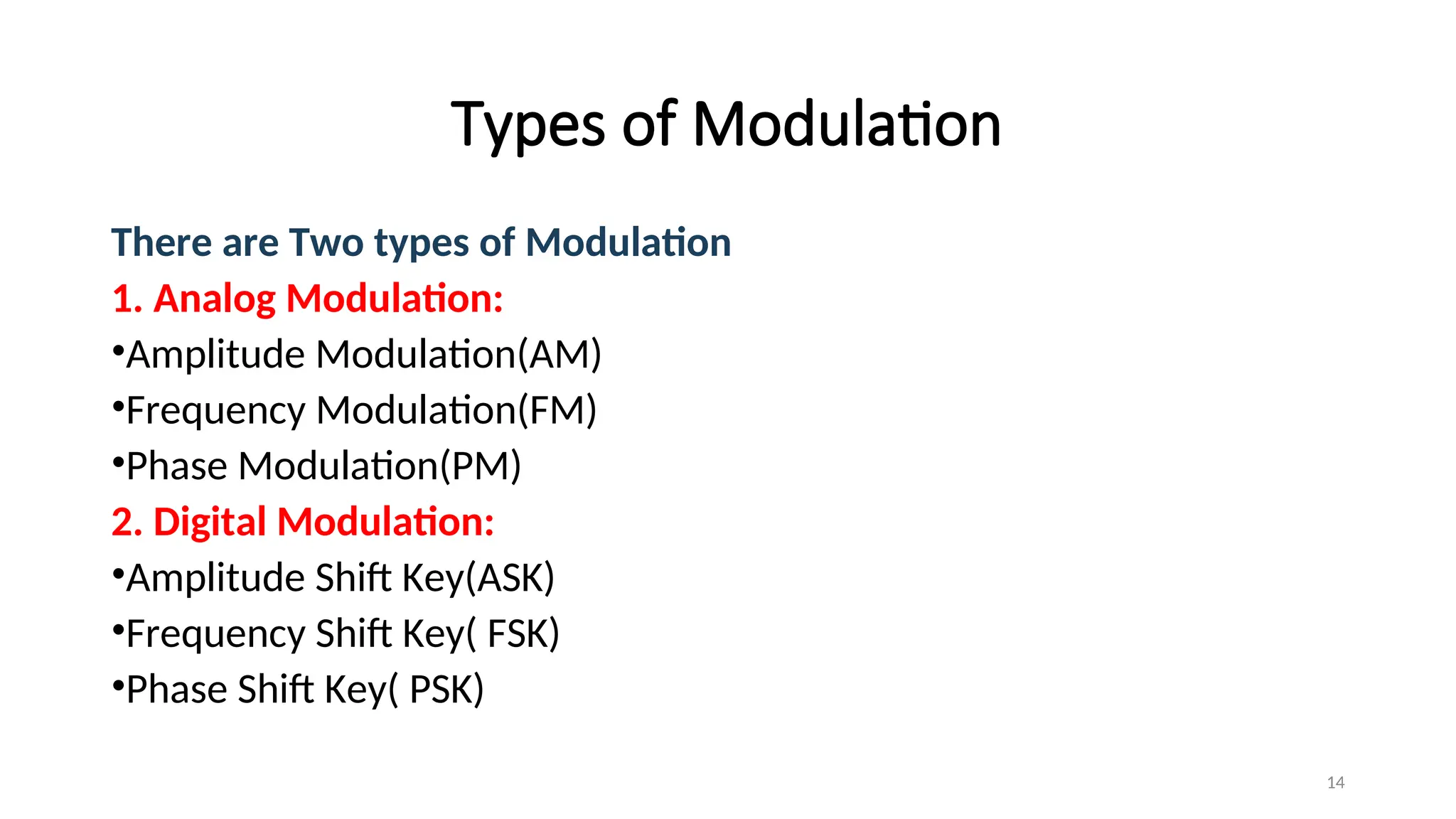 Types of Modulation
There are Two types of Modulation
1. Analog Modulation:
•Amplitude Modulation(AM)
•Frequency Modulation(FM)
•Phase Modulation(PM)
2. Digital Modulation:
•Amplitude Shift Key(ASK)
•Frequency Shift Key( FSK)
•Phase Shift Key( PSK)
14
 