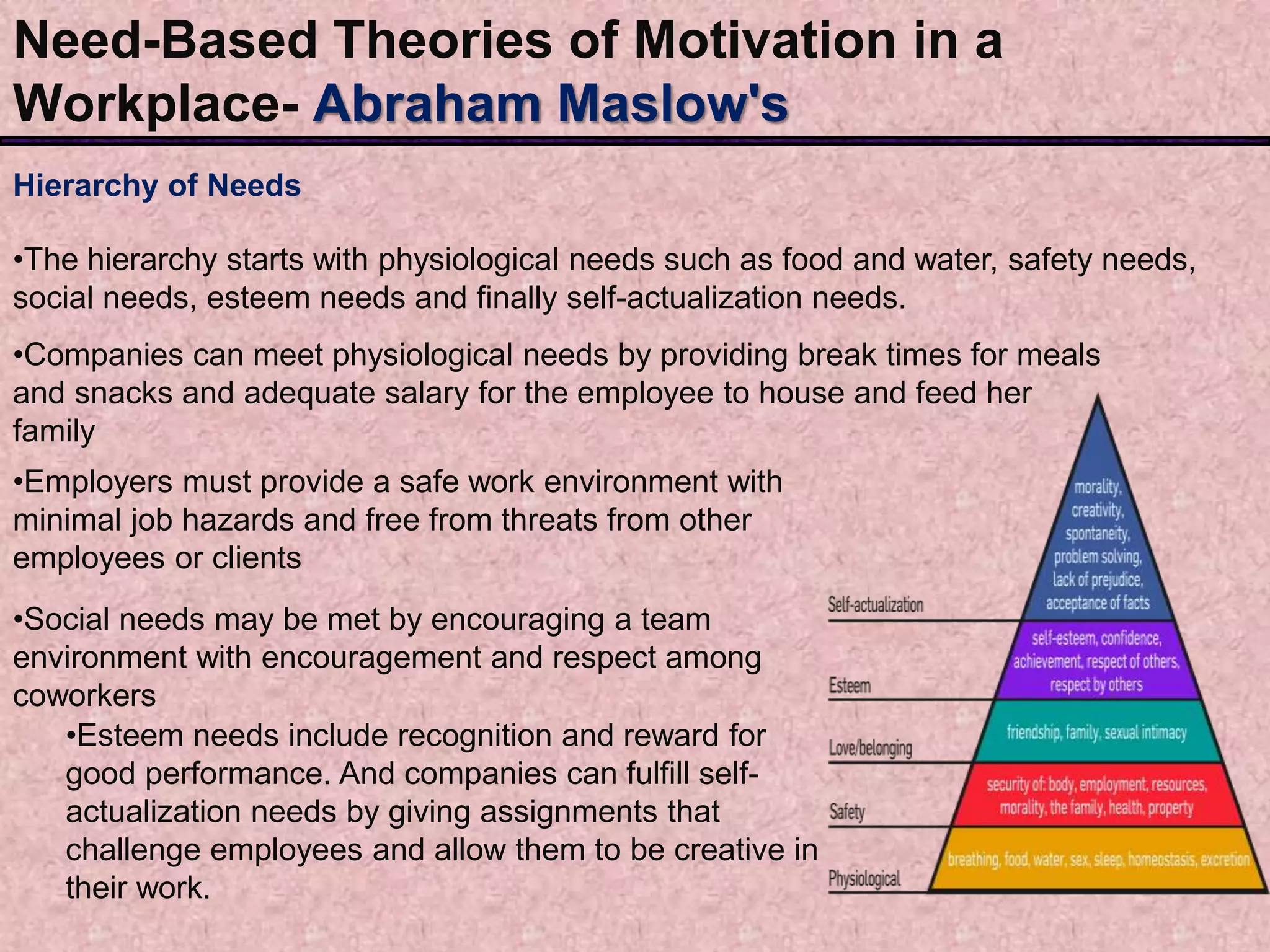Need-Based Theories of Motivation in a
Workplace- Abraham Maslow's
Hierarchy of Needs
•The hierarchy starts with physiological needs such as food and water, safety needs,
social needs, esteem needs and finally self-actualization needs.
•Companies can meet physiological needs by providing break times for meals
and snacks and adequate salary for the employee to house and feed her
family
•Employers must provide a safe work environment with
minimal job hazards and free from threats from other
employees or clients
•Social needs may be met by encouraging a team
environment with encouragement and respect among
coworkers
•Esteem needs include recognition and reward for
good performance. And companies can fulfill self-
actualization needs by giving assignments that
challenge employees and allow them to be creative in
their work.
 