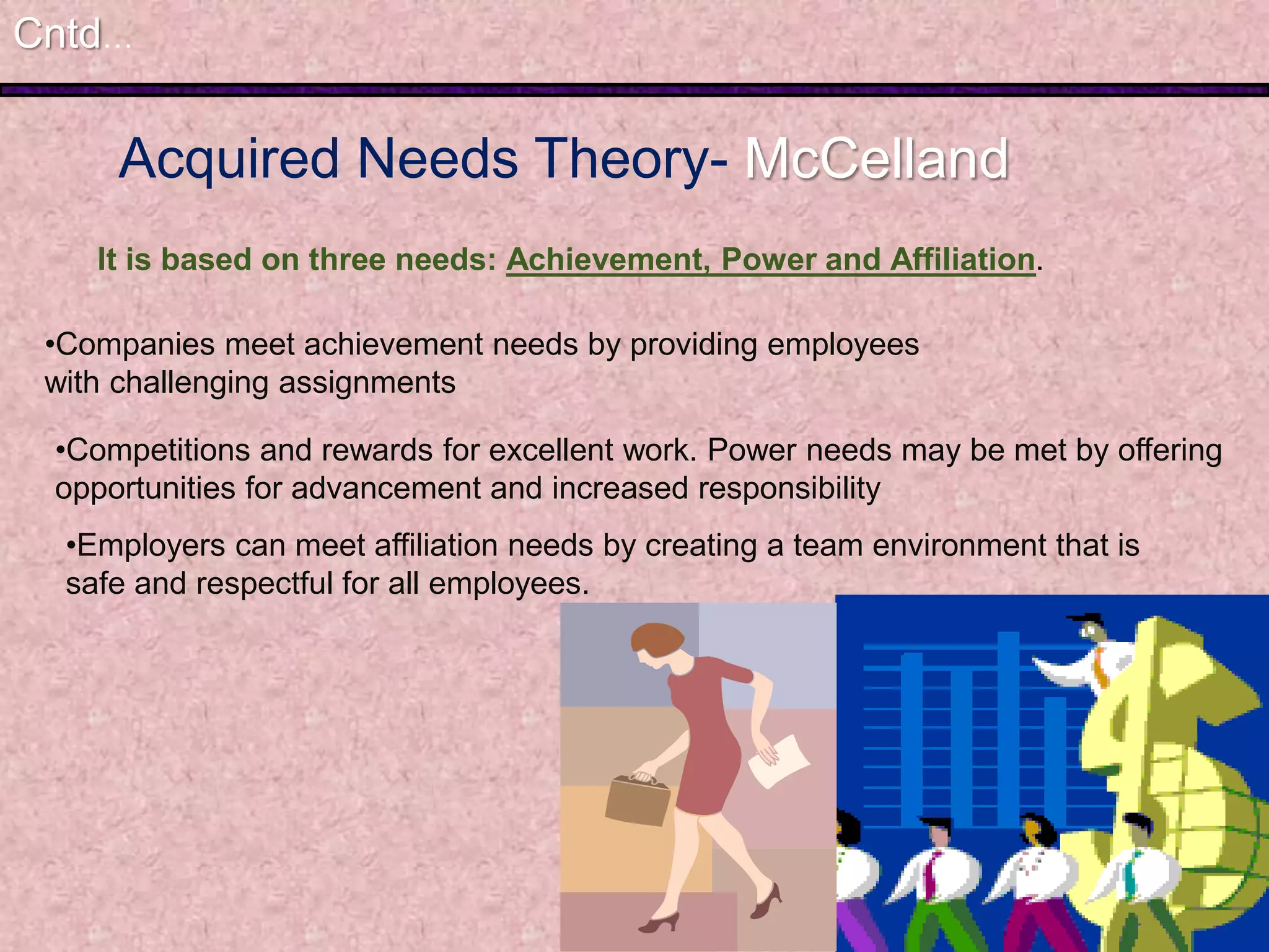 It is based on three needs: Achievement, Power and Affiliation.
Cntd…
Acquired Needs Theory- McCelland
•Companies meet achievement needs by providing employees
with challenging assignments
•Competitions and rewards for excellent work. Power needs may be met by offering
opportunities for advancement and increased responsibility
•Employers can meet affiliation needs by creating a team environment that is
safe and respectful for all employees.
 