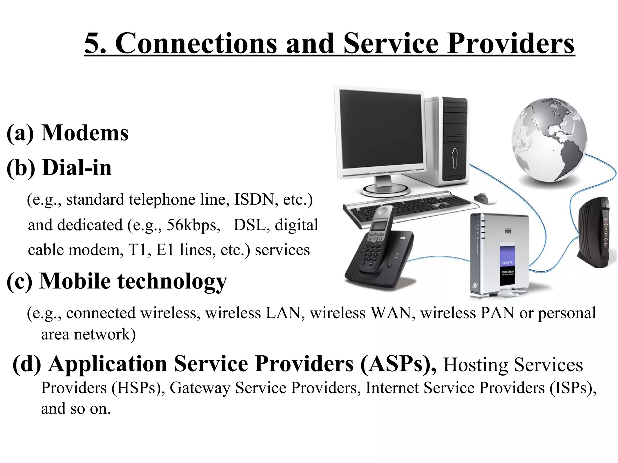 5. Connections and Service Providers
(a) Modems
(b) Dial-in
(e.g., standard telephone line, ISDN, etc.)
and dedicated (e.g., 56kbps, DSL, digital
cable modem, T1, E1 lines, etc.) services

(c) Mobile technology
(e.g., connected wireless, wireless LAN, wireless WAN, wireless PAN or personal
area network)

(d) Application Service Providers (ASPs), Hosting Services
Providers (HSPs), Gateway Service Providers, Internet Service Providers (ISPs),
and so on.

 