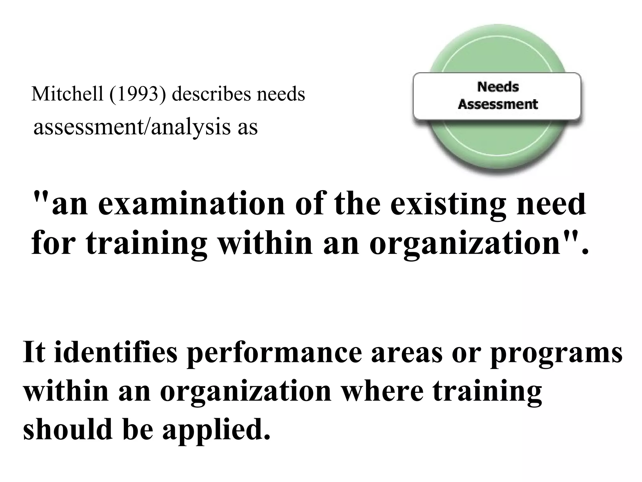 Mitchell (1993) describes needs

assessment/analysis as

"an examination of the existing need
for training within an organization".
It identifies performance areas or programs
within an organization where training
should be applied.

 