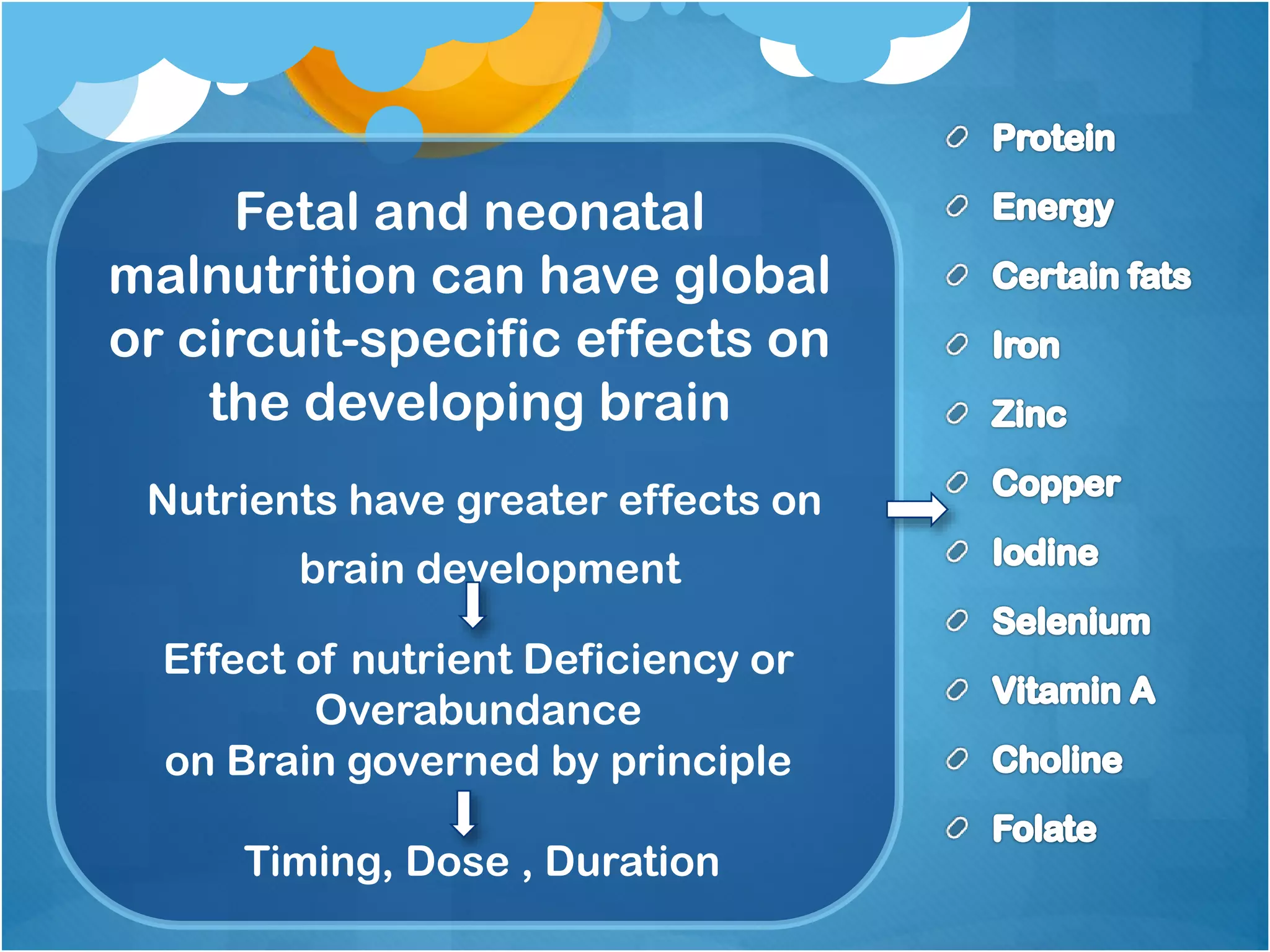 Fetal and neonatal
malnutrition can have global
or circuit-specific effects on
the developing brain
Nutrients have greater effects on
brain development
Effect of nutrient Deficiency or
Overabundance
on Brain governed by principle
Timing, Dose , Duration
 