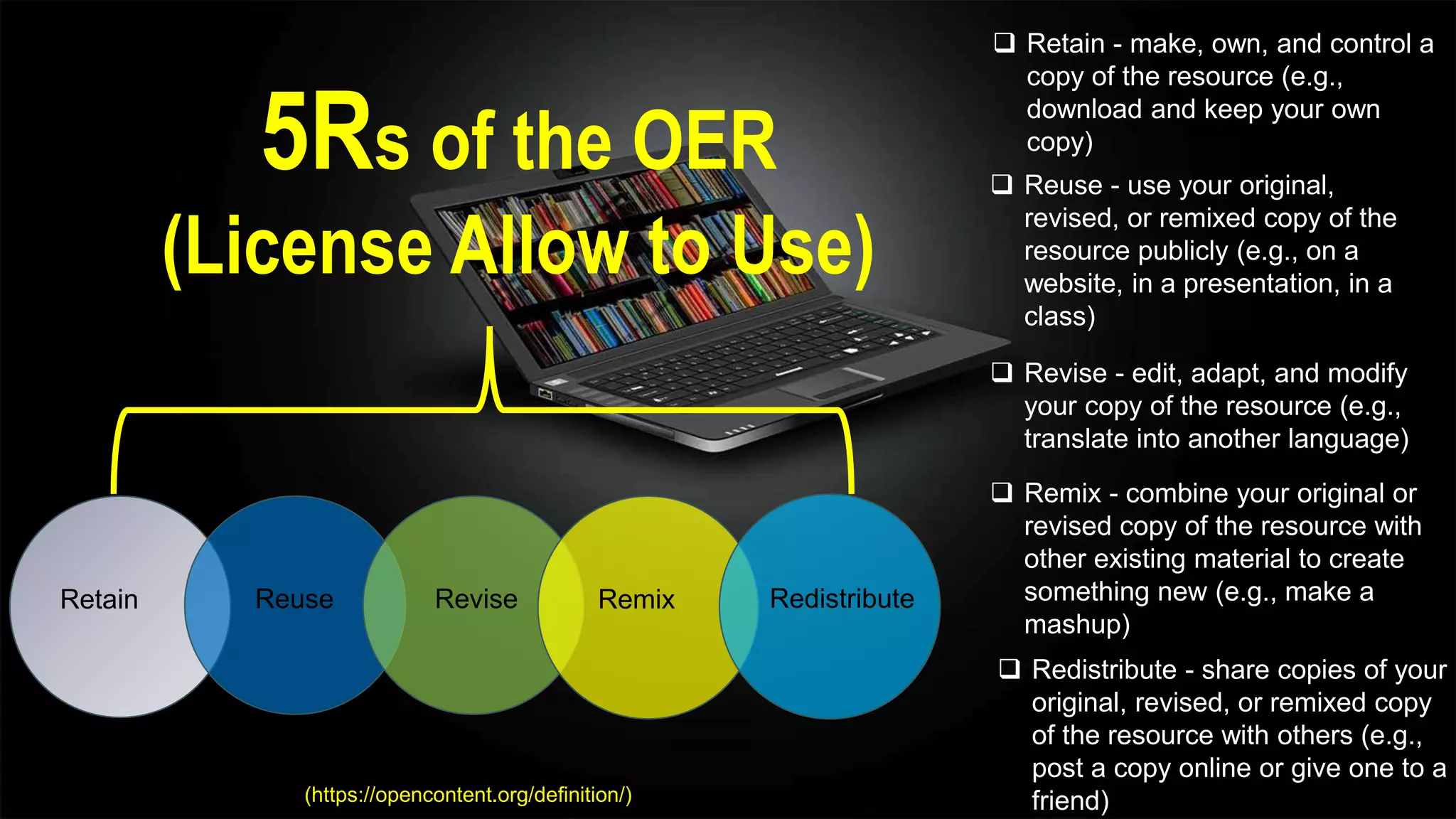 5Rs of the OER
(License Allow to Use)
Retain Reuse Revise Remix Redistribute
(https://opencontent.org/definition/)
 Redistribute - share copies of your
original, revised, or remixed copy
of the resource with others (e.g.,
post a copy online or give one to a
friend)
 Retain - make, own, and control a
copy of the resource (e.g.,
download and keep your own
copy)
 Revise - edit, adapt, and modify
your copy of the resource (e.g.,
translate into another language)
 Remix - combine your original or
revised copy of the resource with
other existing material to create
something new (e.g., make a
mashup)
 Reuse - use your original,
revised, or remixed copy of the
resource publicly (e.g., on a
website, in a presentation, in a
class)
 