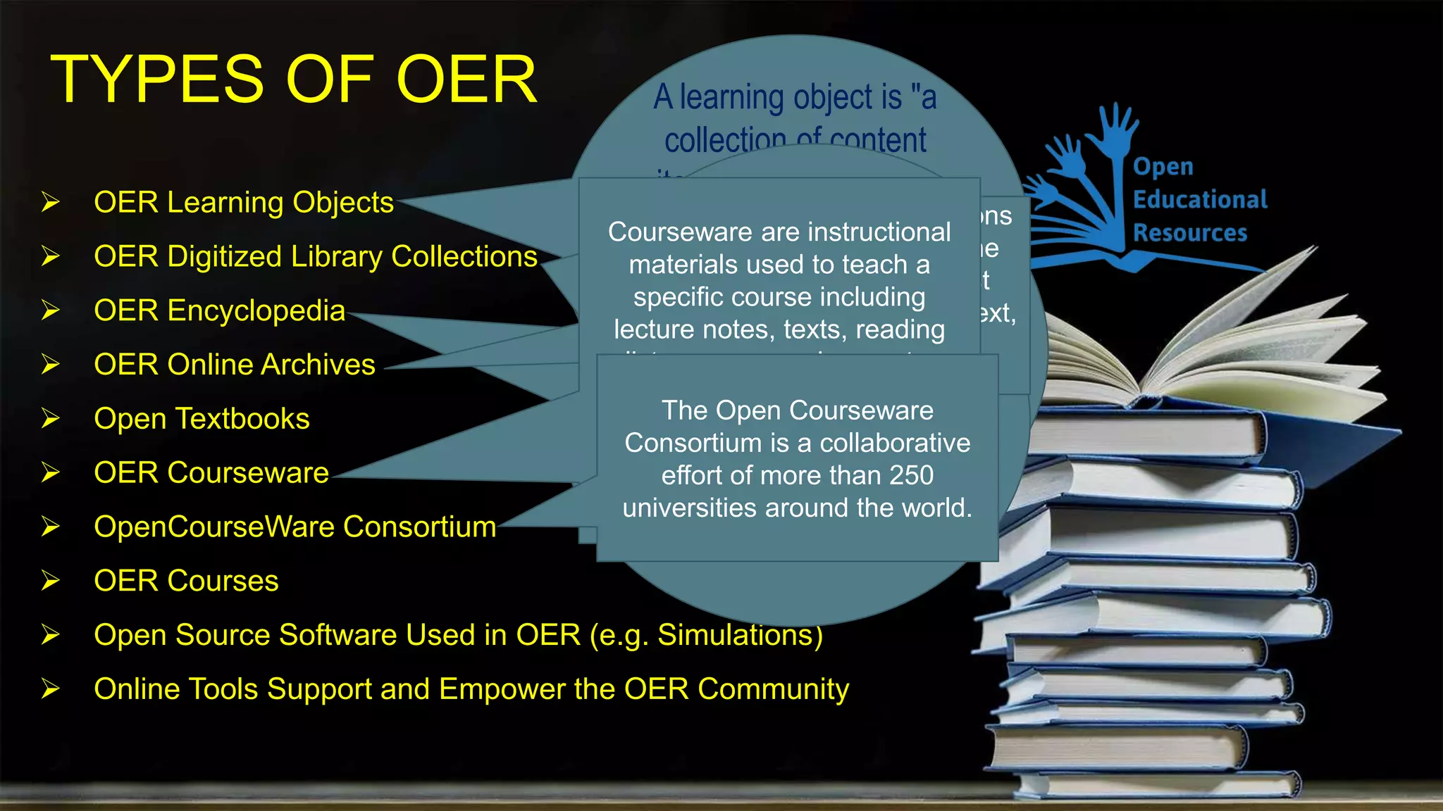 TYPES OF OER
 OER Learning Objects
 OER Digitized Library Collections
 OER Encyclopedia
 OER Online Archives
 Open Textbooks
 OER Courseware
 OpenCourseWare Consortium
 OER Courses
 Open Source Software Used in OER (e.g. Simulations)
 Online Tools Support and Empower the OER Community
A learning object is "a
collection of content
items, practice items,
and assessment items
that are combined
based on a single
learning objective"
Digital
Collections, Digital
Libraries and
the Digitization of
Thesis, or Cultural
Heritage Information
OER Encyclopedia that
can be edited by
Volunteers (e.g.
Wikipedia, Encyclopedia
of Life, Stanford
Encyclopedia of
Philosophy)
Online archives are collections
of digital materials (e.g. ‘The
Internet Archive’ - the most
extensive, hosting movies, text,
audio and a collection of
websites
Courseware are instructional
materials used to teach a
specific course including
lecture notes, texts, reading
lists, course assignments,
syllabi, study materials,
problem sets, exams,
illustrations and streaming
videos of in-class lectures.
The Open Courseware
Consortium is a collaborative
effort of more than 250
universities around the world.
 
