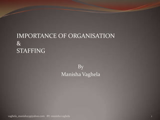 IMPORTANCE OF ORGANISATION
      &
      STAFFING

                                              By
                                        Manisha Vaghela




vaghela_manisha13@yahoo.com BY: manisha vaghela           1
 