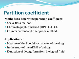 Partition coefficient
Methods to determine partition coefficient:
 Shake flask method.
 Chromatographic method (HPTLC,TLC).
 Counter current and filter probe method.
Applications:
 Measure of the lipophilic character of the drug.
 In the study of the ADME of a drug.
 Extraction of dosage form from biological fluid.
10
 