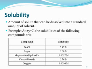 Solubility
 Amount of solute that can be dissolved into a standard
amount of solvent.
 Example: At 25 ºC, the solubilities of the following
compounds are:
17
Compound Solubility
NaCl 5.47 M
Sugar 6.00 M
Magnessium Hydroxide 0.0017 M
Carbondioxode 0.26 M
Oxygen 0.0016 M
 