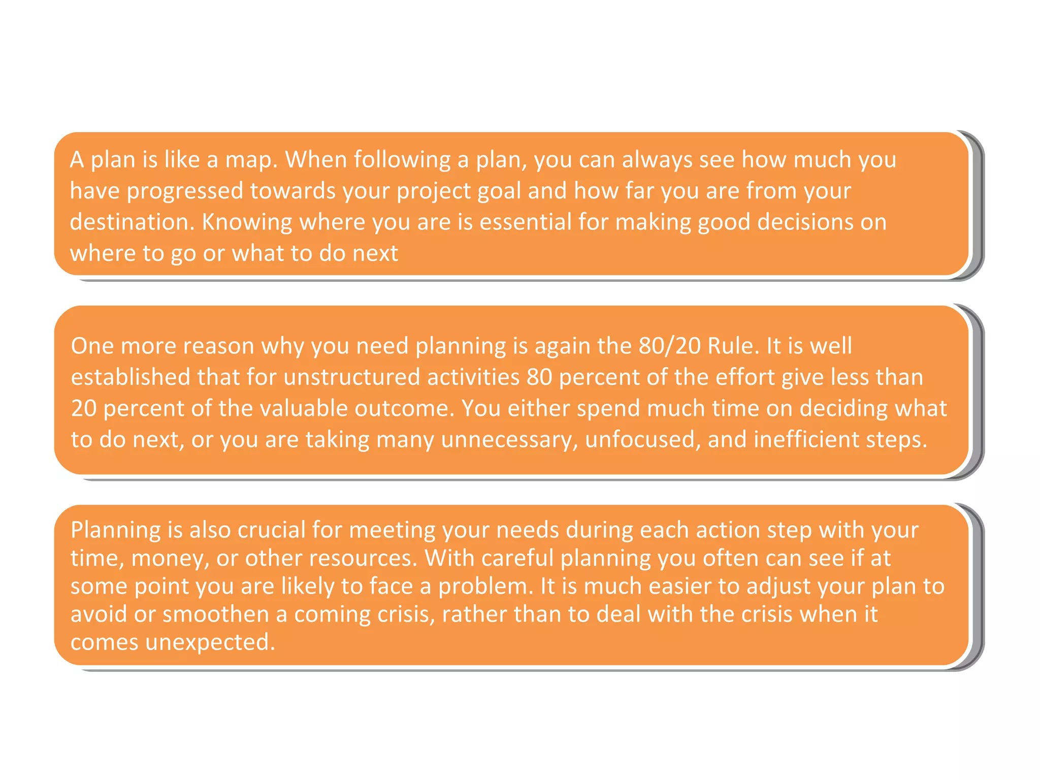 A plan is like a map. When following a plan, you can always see how much you have progressed towards your project goal and how far you are from your destination. Knowing where you are is essential for making good decisions on where to go or what to do next One more reason why you need planning is again the 80/20 Rule. It is well established that for unstructured activities 80 percent of the effort give less than 20 percent of the valuable outcome. You either spend much time on deciding what to do next, or you are taking many unnecessary, unfocused, and inefficient steps.  Planning is also crucial for meeting your needs during each action step with your time, money, or other resources. With careful planning you often can see if at some point you are likely to face a problem. It is much easier to adjust your plan to avoid or smoothen a coming crisis, rather than to deal with the crisis when it comes unexpected.  