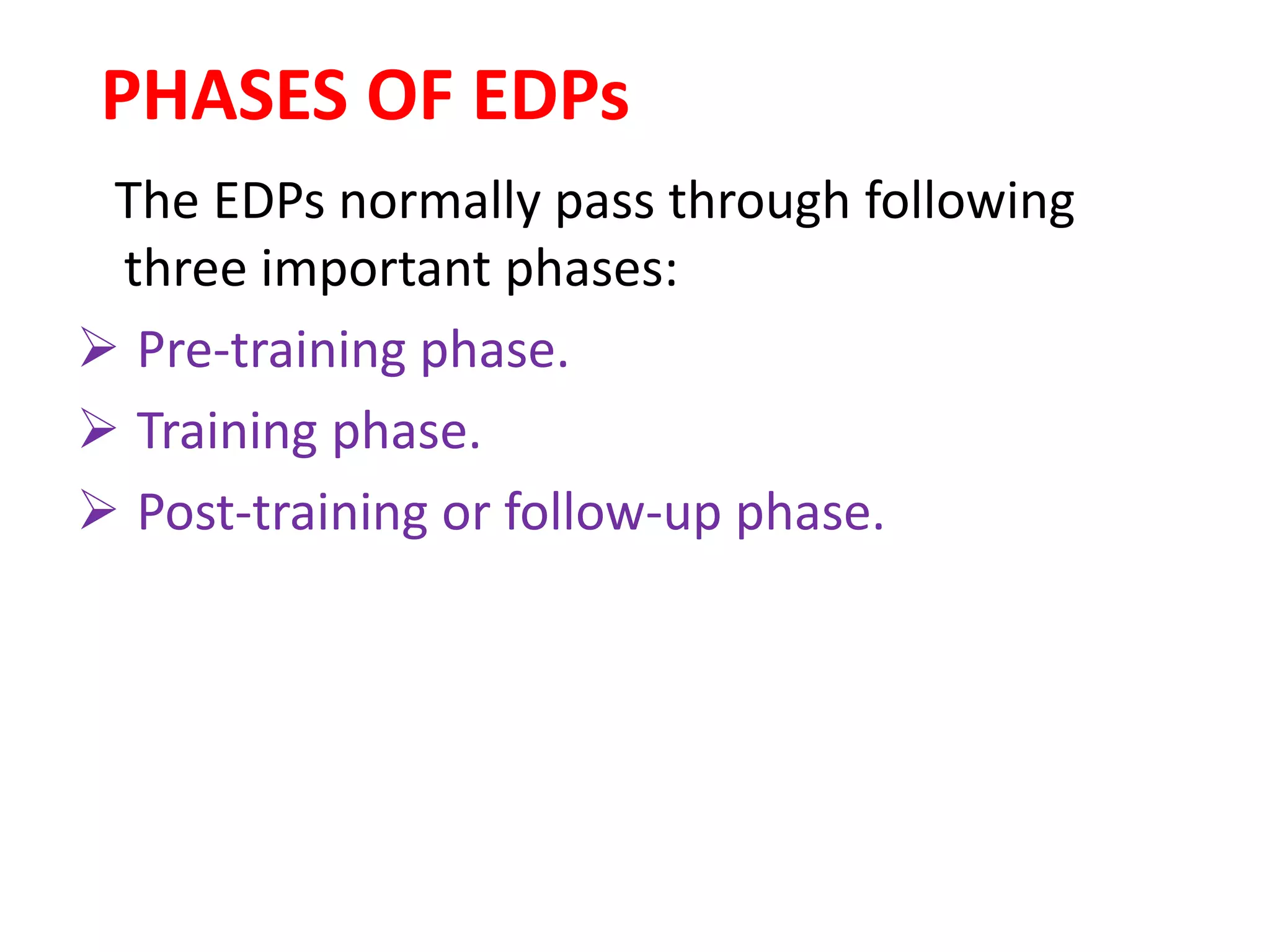 PHASES OF EDPs
The EDPs normally pass through following
three important phases:
 Pre-training phase.
 Training phase.
 Post-training or follow-up phase.
 