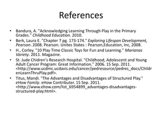 References
• Bandura, A. "Acknowledging Learning Through Play in the Primary
  Grades." Childhood Education. 2010.
• Berk, Laura E. "Chapter 7 pg. 173-174." Exploring Lifespan Development,
  Pearson. 2008. Pearson. Unites States : Pearson,Education, Inc, 2008.
• H., Corley. "10 Play Time Classic Toys for Fun and Learning." Marianas
  Variety. 2011. Magazine.
• St. Jude Chidren's Research Hospital. "Childhood, Adolescent and Young
  Adult Cancer Program: Great Information." 2006. 15 Sep. 2011.
  <http://www.ucdmc.ucdavis.edu/cancer/pedresource/pedres_docs/Childr
  enLearnThruPlay.pdf>.
• Titus, Mandi. "The Advantages and Disadvantages of Structured Play."
  eHow Family. eHow Contributer. 15 Sep. 2011.
  <http://www.ehow.com/list_6954899_advantages-disadvantages-
  structured-play.html>.
 
