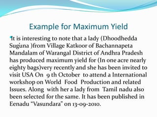 Example for Maximum Yield
 is interesting to note that a lady (Dhoodhedda
It
   .
Suguna )from Village Katkoor of Bachannapeta
Mandalam of Warangal District of Andhra Pradesh
has produced maximum yield for (In one acre nearly
eighty bags)very recently and she has been invited to
visit USA On 9 th October to attend a International
workshop on World Food Production and related
Issues. Along with her a lady from Tamil nadu also
been selected for the same. It has been published in
Eenadu “Vasundara” on 13-09-2010.
 