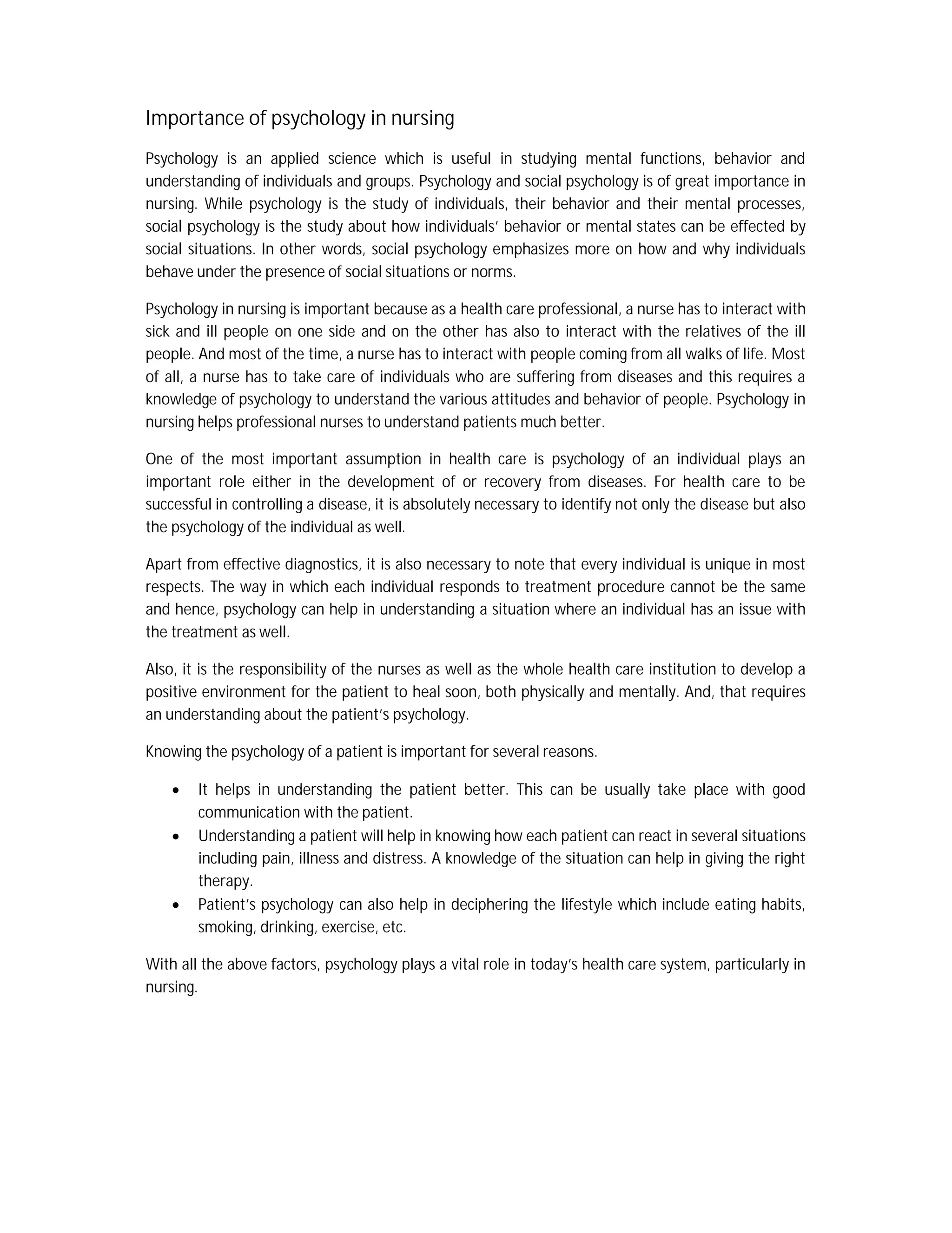 Importance of Psychology in Nursing | PDF