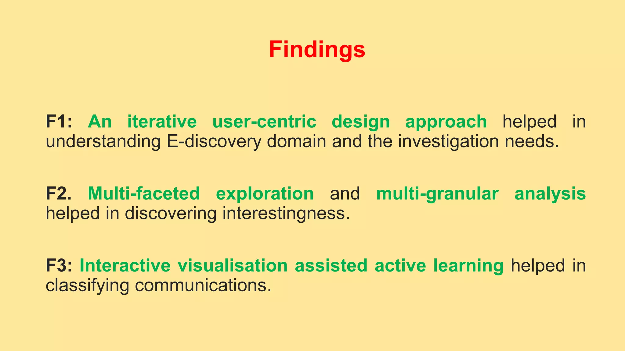 F1: An iterative user-centric design approach helped in
understanding E-discovery domain and the investigation needs.
F2. Multi-faceted exploration and multi-granular analysis
helped in discovering interestingness.
F3: Interactive visualisation assisted active learning helped in
classifying communications.
Findings
 