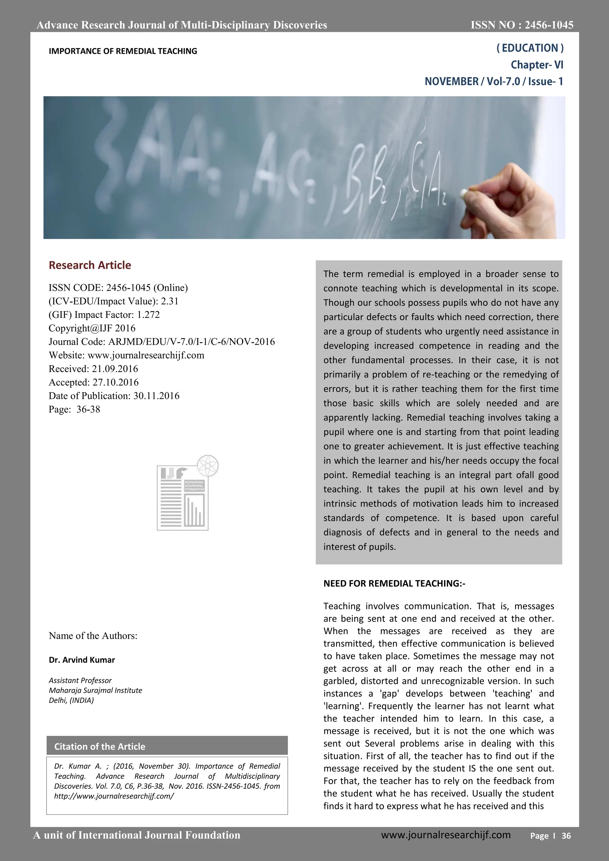 IMPORTANCE OF REMEDIAL TEACHING PDF