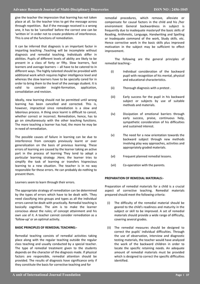 IMPORTANCE OF REMEDIAL TEACHING PDF IMPORTANCE OF REMEDIAL TEACHING PDF