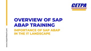OVERVIEW OF SAP
ABAP TRAINING
IMPORTANCE OF SAP ABAP
IN THE IT LANDSCAPE
www.cetpainfotech.com
 