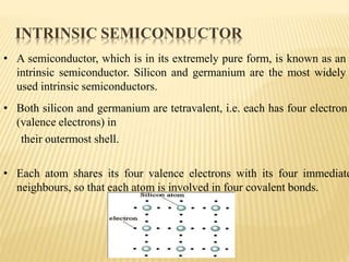 • A semiconductor, which is in its extremely pure form, is known as an
intrinsic semiconductor. Silicon and germanium are the most widely
used intrinsic semiconductors.
• Both silicon and germanium are tetravalent, i.e. each has four electron
(valence electrons) in
their outermost shell.
• Each atom shares its four valence electrons with its four immediate
neighbours, so that each atom is involved in four covalent bonds.
INTRINSIC SEMICONDUCTOR
 
