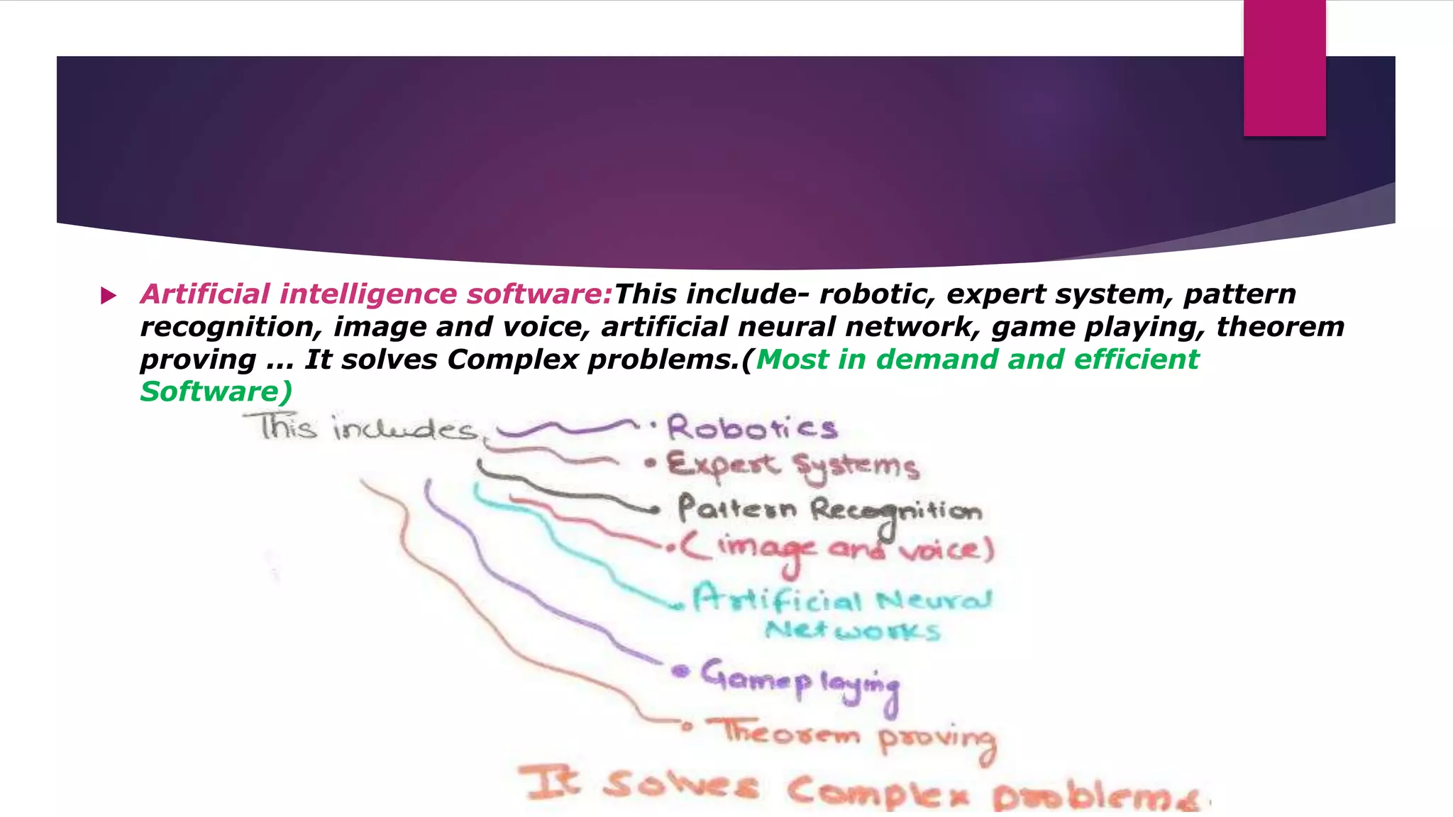  Artificial intelligence software:This include- robotic, expert system, pattern
recognition, image and voice, artificial neural network, game playing, theorem
proving ... It solves Complex problems.(Most in demand and efficient
Software)
 