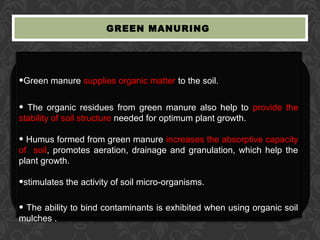 GREEN MANURING
•Green manure supplies organic matter to the soil.
• The organic residues from green manure also help to provide the
stability of soil structure needed for optimum plant growth.
• Humus formed from green manure increases the absorptive capacity
of soil, promotes aeration, drainage and granulation, which help the
plant growth.
•stimulates the activity of soil micro-organisms.
• The ability to bind contaminants is exhibited when using organic soil
mulches .
 