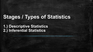 Stages / Types of Statistics
1.) Descriptive Statistics
2.) Inferential Statistics
 