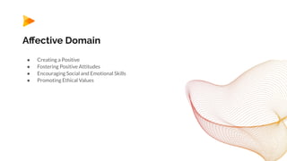 Aﬀective Domain
● Creating a Positive
● Fostering Positive Attitudes
● Encouraging Social and Emotional Skills
● Promoting Ethical Values
 